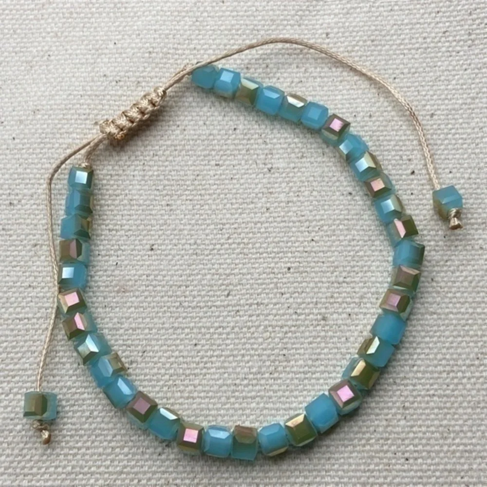 Cubic Boho Bracelet Iridescent Light Blue Tan‎ Crystal Beaded Adjustable Length